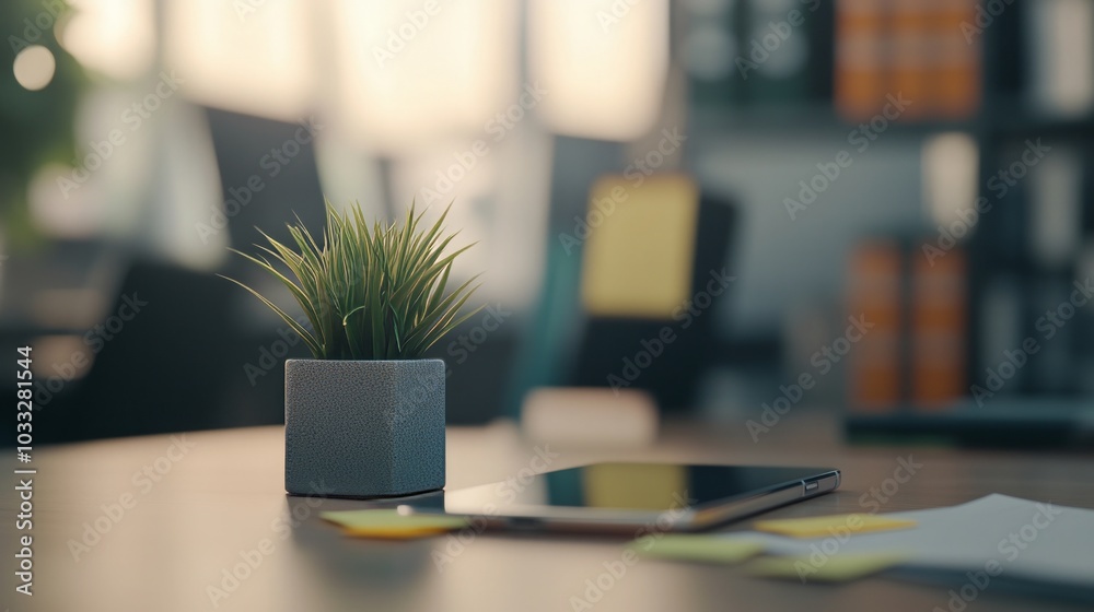 Minimalist Office Desk Setup with Plant Pot and Tablet Minimalist Office Desk Setup with Plant Pot and Tablet
