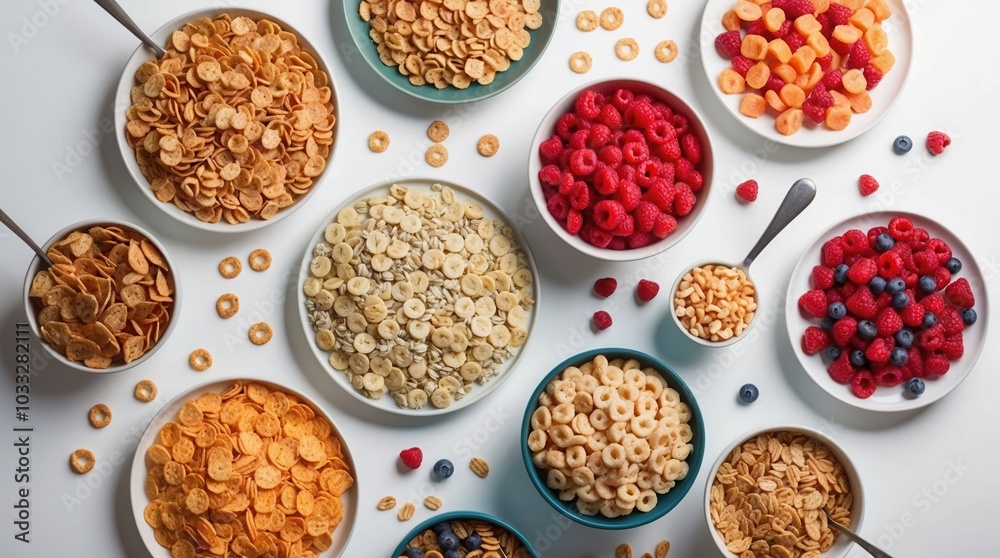 Colorful Breakfast Spread with Cereals and Fruits