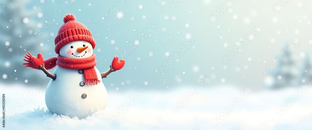 Fototapeta premium Cheerful snowman wishing Happy New Year against light blue snowy background