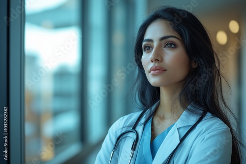 Calm Indian female doctor gazes out of hospital window during a peaceful moment of reflection.