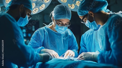 Team of skilled surgeons in a sterile operating theater performing a complex surgical procedure