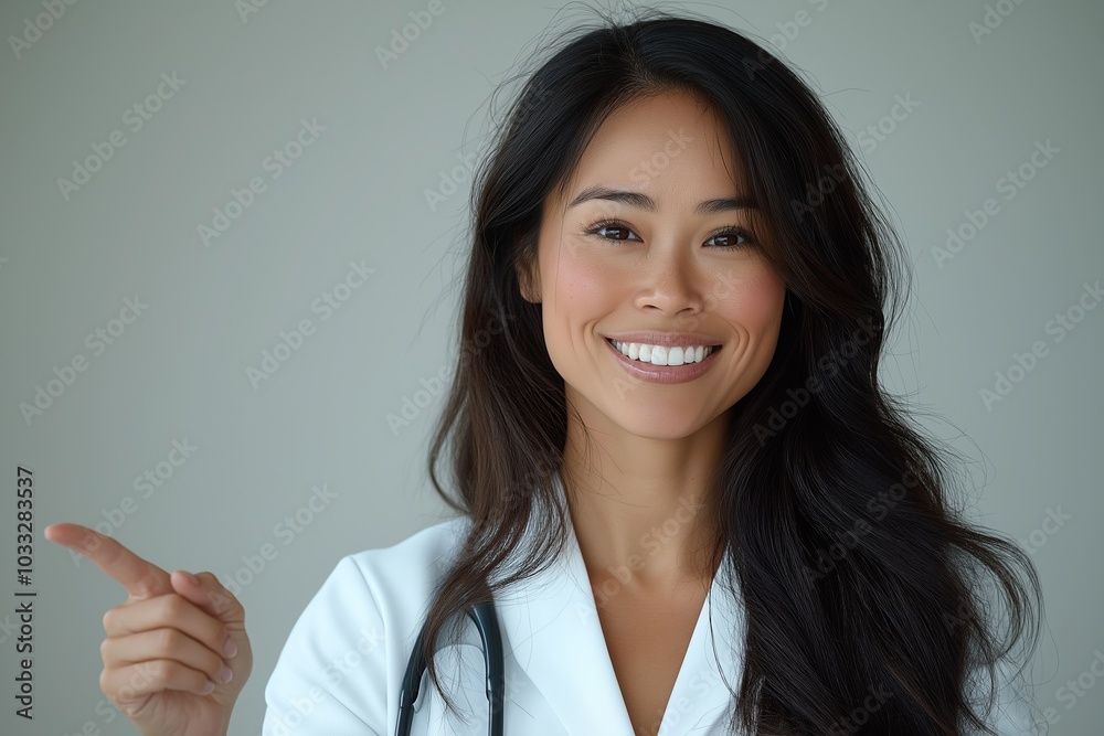 Smiling female doctor in white coat pointing with confidence in a medical setting. Smiling female doctor in white coat pointing with confidence in a medical setting.