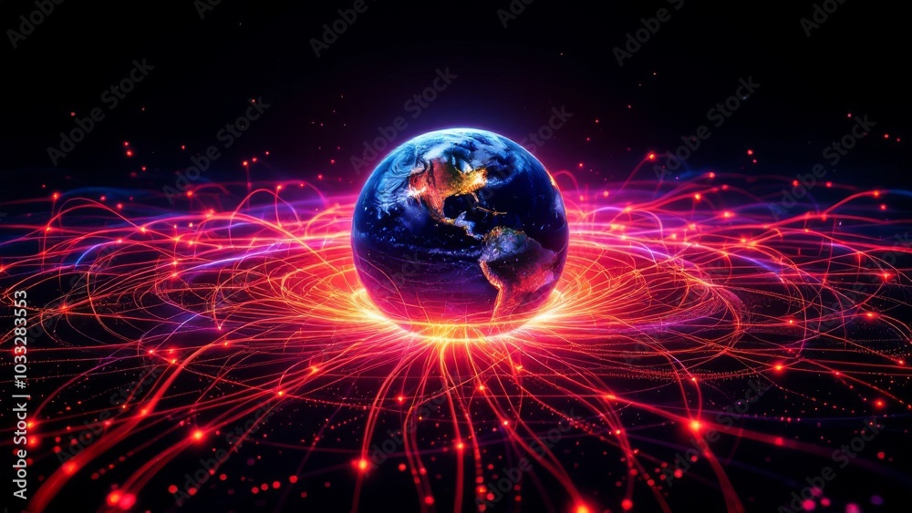 Obraz premium Fiber optic cables around Earth, USA nightlights