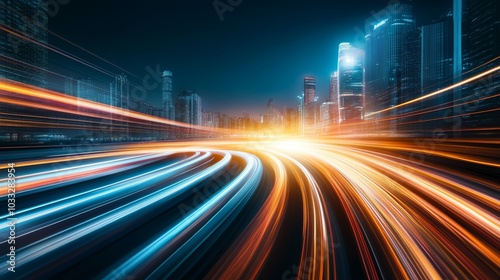 A vibrant cityscape at night with light trails depicting fast-moving traffic through illuminated skyscrapers.