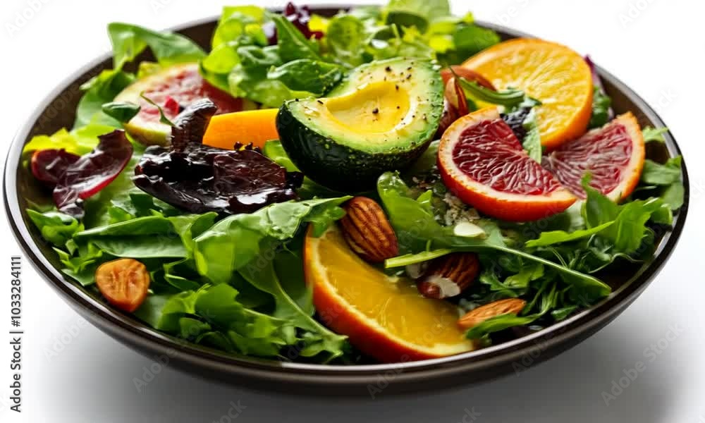 A vibrant salad featuring greens, citrus fruits, avocado, and almonds in a bowl. A vibrant salad featuring greens, citrus fruits, avocado, and almonds in a bowl.