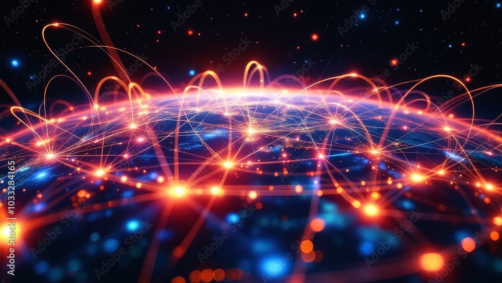 Fiber optic cables around Earth, USA nightlights