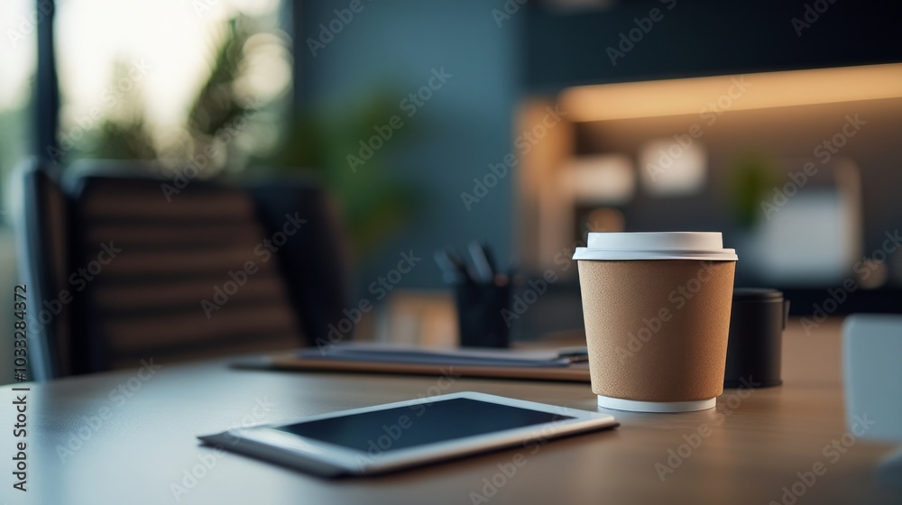 Modern Office Desk with Coffee Cup and Tablet Modern Office Desk with Coffee Cup and Tablet