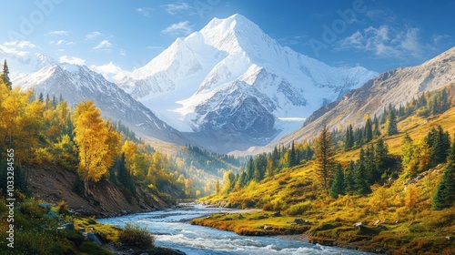 A majestic snow-capped mountain peak rises above a valley with a winding river flowing through it, surrounded by vibrant autumn foliage and lush green trees.