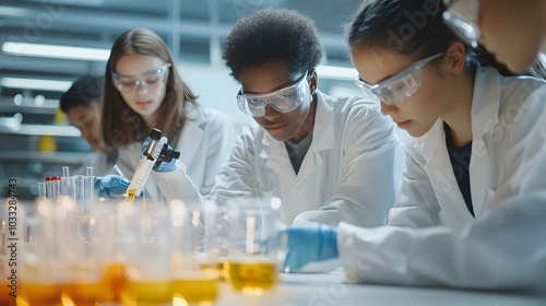 Diverse group of young scientists conducting experiments in a laboratory setting. photo