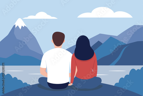 Character illustration of A couple in sitting pose from backside with beautiful mountain and stone background