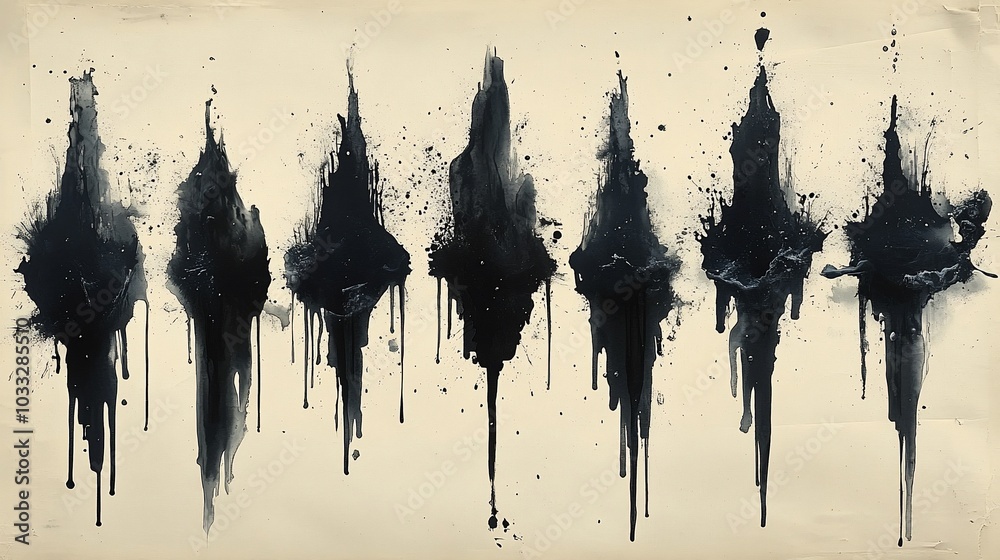 Abstract artwork featuring dark ink splashes and drips on a light background. Abstract artwork featuring dark ink splashes and drips on a light background.