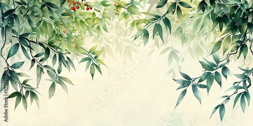 Spring Chinese Illustration: Blooming Flowers and Sprouting Plants with Minimalist White Space.