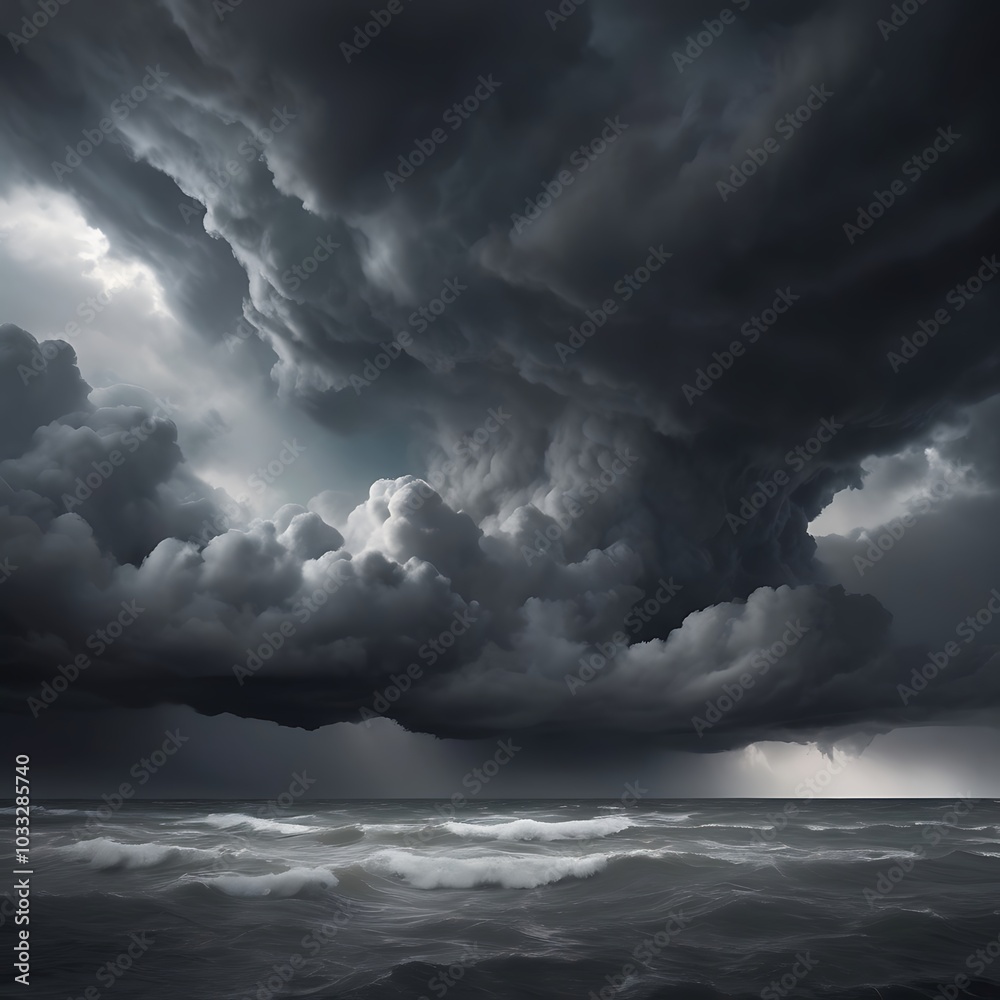 Obraz premium Dramatic landscape featuring a vast, open field under a cloudy sky filled with dark, swirling storm clouds, captures the contrast between the lush green of the land and the ominous, black clouds above