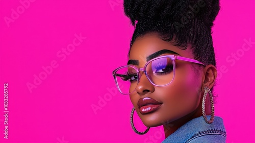 Fashionable Woman with Glasses and Denim Jacket on Pink Background