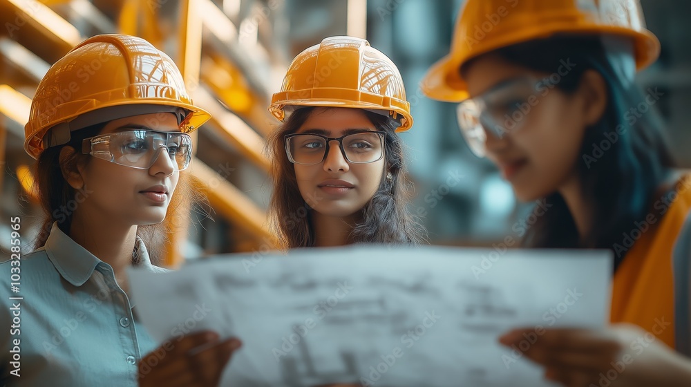 Female engineers discussing architectural blueprints at an active construction site. Female engineers discussing architectural blueprints at an active construction site.
