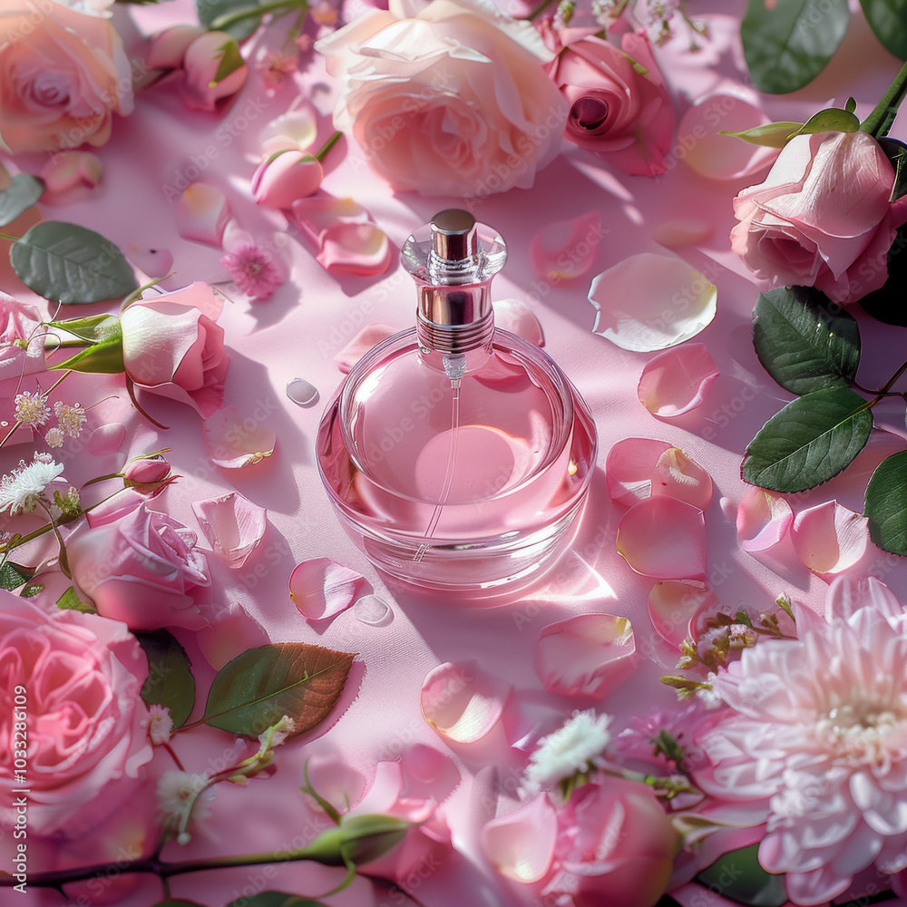 Pink Perfume Bottle Surrounded by Blooming Flowers Pink Perfume Bottle Surrounded by Blooming Flowers