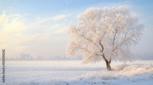 A serene winter landscape covered in a thick layer of frost and hoarfrost