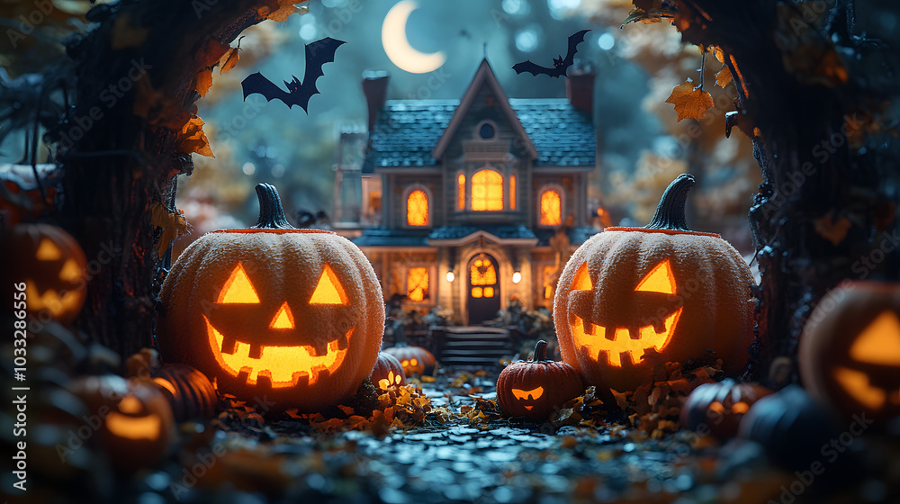 Charming Miniature Diorama of a Halloween Landscape with Carved Pumpkins and a Victorian Cottage Under a Spooky Moon Charming Miniature Diorama of a Halloween Landscape with Carved Pumpkins and a Victorian Cottage Under a Spooky Moon