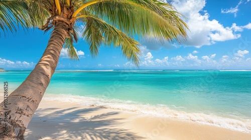 A lone palm tree on a white sandy beach with turquoise blue water and a bright blue sky.