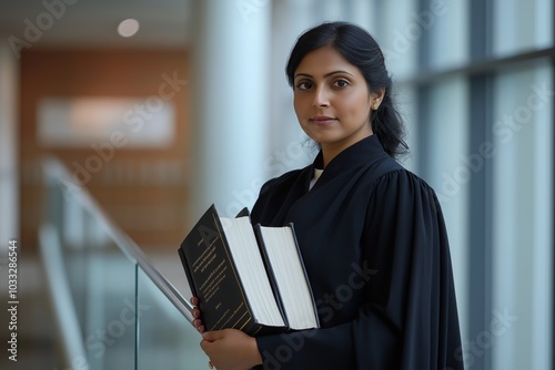 Focused Indian lawyer in black professional attire holding legal books, symbolizing justice and dedication