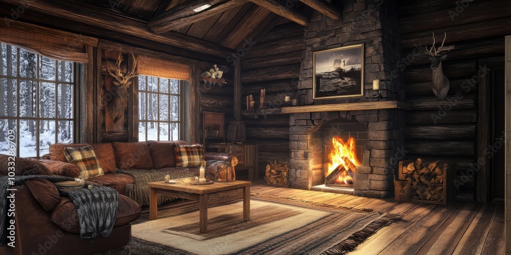 Cozy cabin interior with fireplace and snowy view. Cozy cabin interior with fireplace and snowy view.