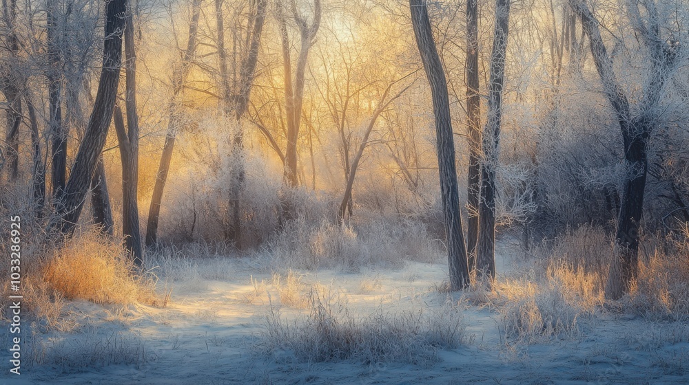 A tranquil forest scene where every tree and shrub is coated in a thick layer of frost A tranquil forest scene where every tree and shrub is coated in a thick layer of frost
