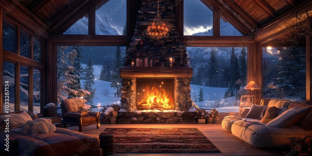 Cozy cabin with fireplace, snowy view. Cozy cabin with fireplace, snowy view.