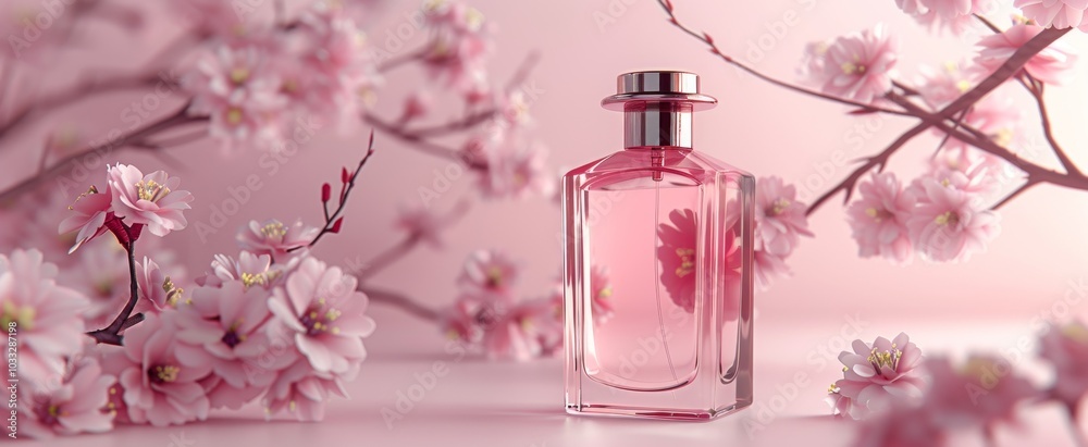 Elegant Pink Perfume Bottle with Cherry Blossoms Elegant Pink Perfume Bottle with Cherry Blossoms