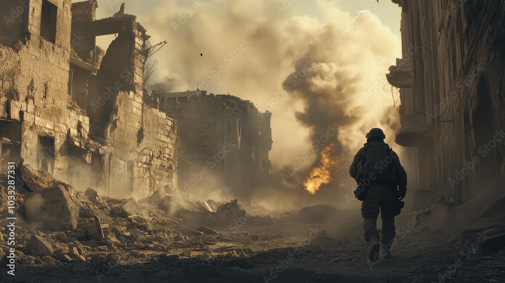 A soldier walks through a war-torn city. A soldier walks through a war-torn city.