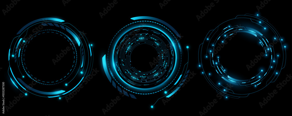 Glowing HUD circles set. Futuristic elements for sci-fi interface. Abstract technology. Digital hi-tech object for ui and gui design. Cyber frame. Vector illustration. EPS 10.