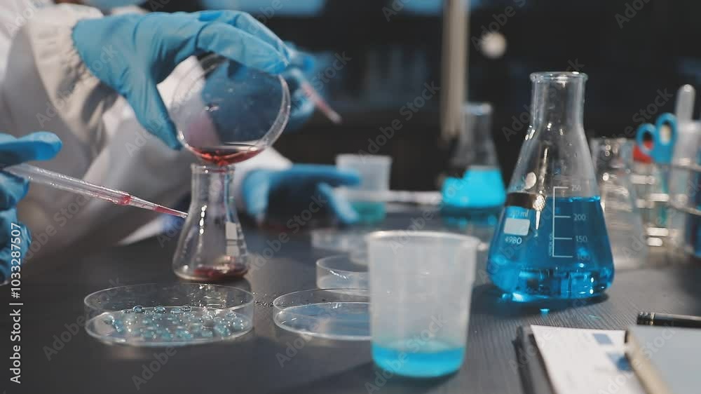 laboratory research and development concept with lab glassware and female scientist