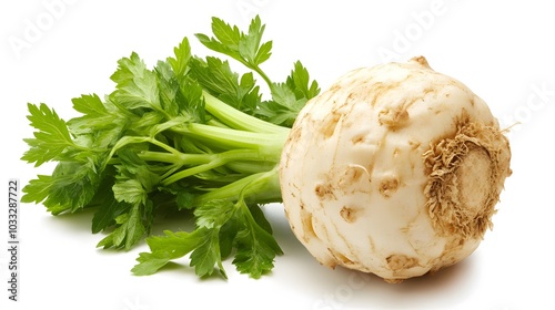 celery root with leaf isolated on white background. Celery isolated on white. 