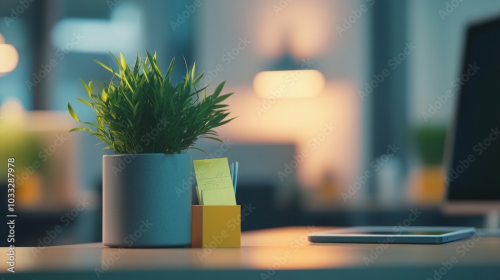 Modern Office Desk with Plant and Supplies Modern Office Desk with Plant and Supplies