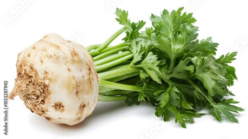 celery root with leaf isolated on white background. Celery isolated on white. 