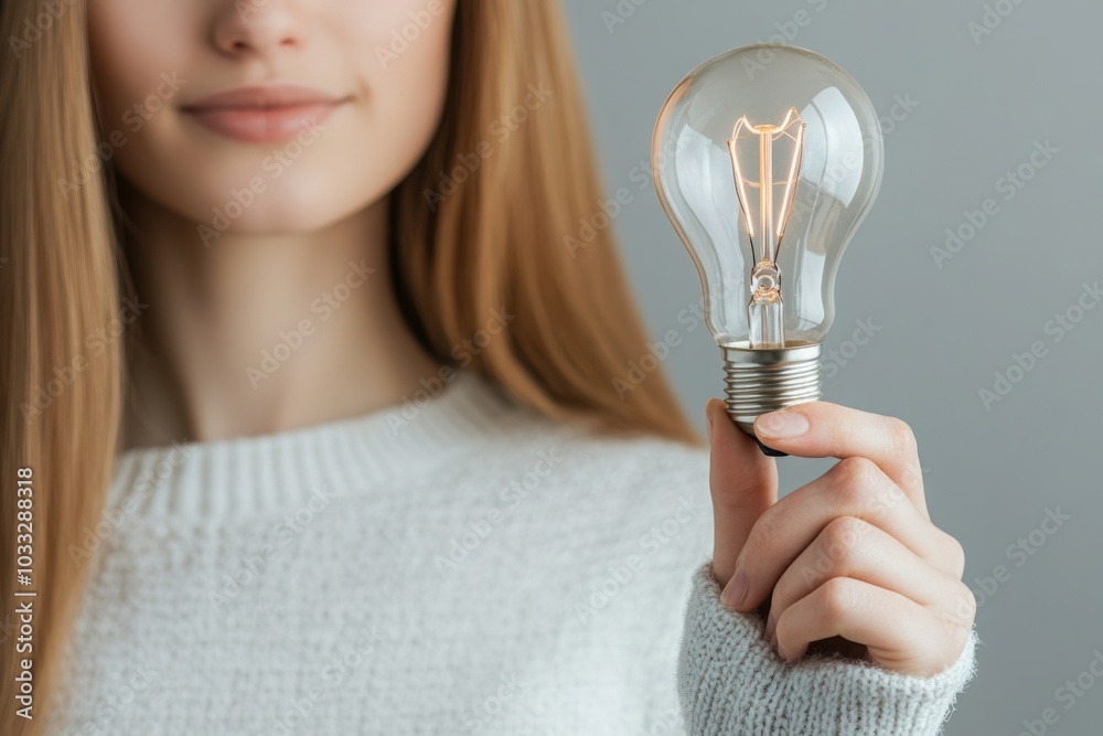 A woman holds a lit lightbulb symbolizing a bright idea