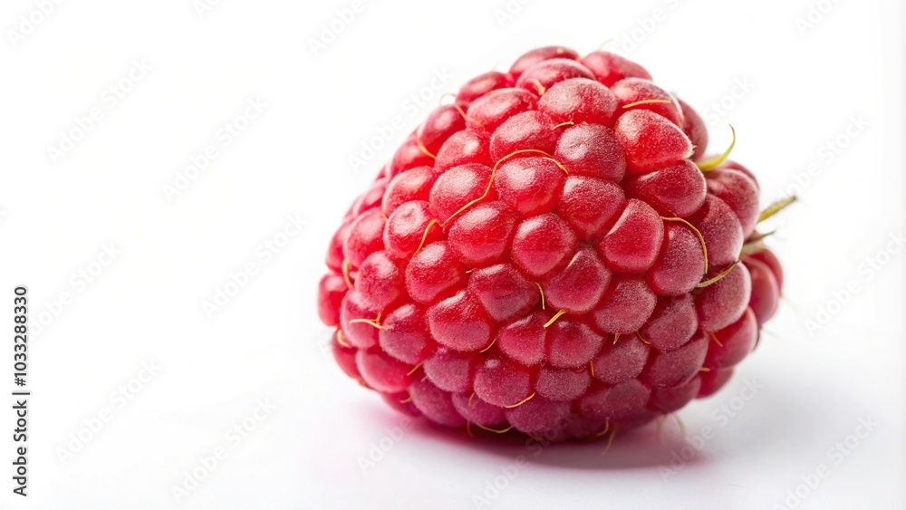 photograph of a single red raspberry on white background photograph of a single red raspberry on white background