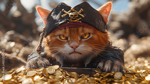 A Disgruntled Orange Cat Dressed as a Pirate Perched on a Treasure Chest Filled with Gold on a Sunny Beach photo