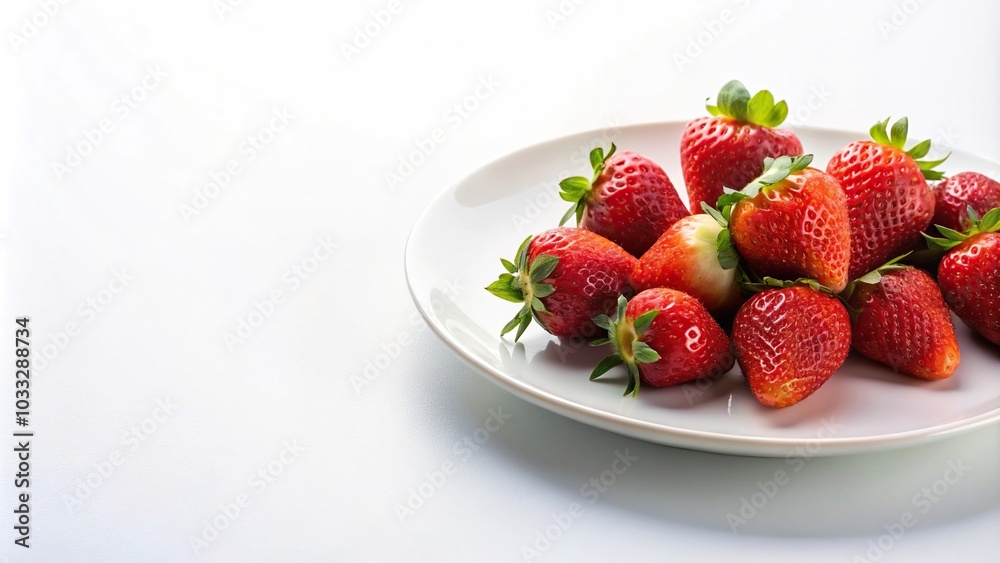 Photograph of strawberries on a white plate with selective focus Photograph of strawberries on a white plate with selective focus