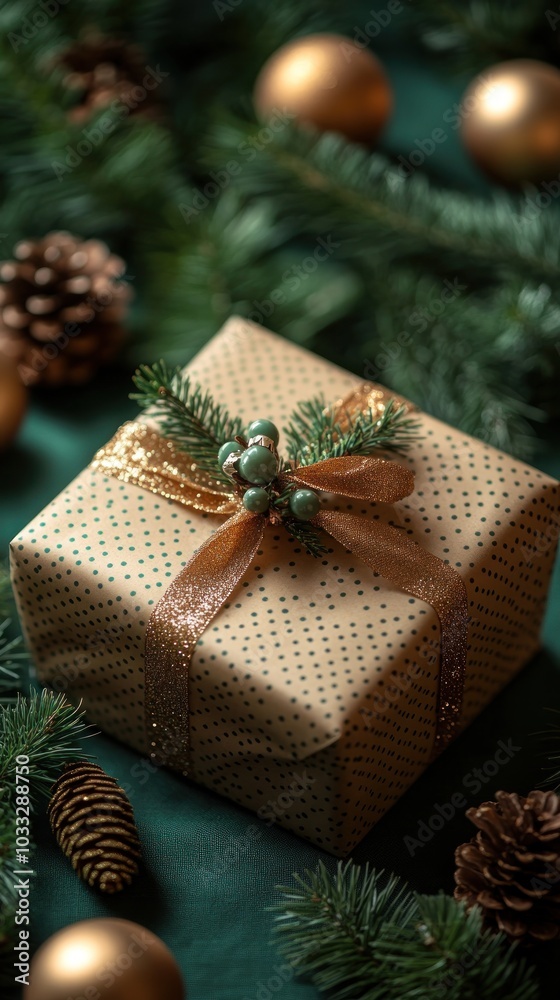 A beautifully wrapped gift adorned with greenery and ornaments. A beautifully wrapped gift adorned with greenery and ornaments.