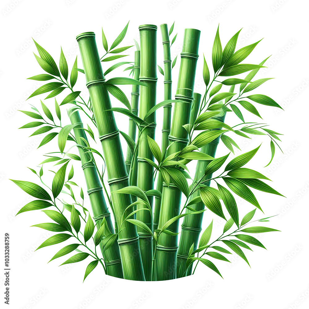 Fototapeta premium green bamboo stems with leaves illustration, isolated on white background PNG