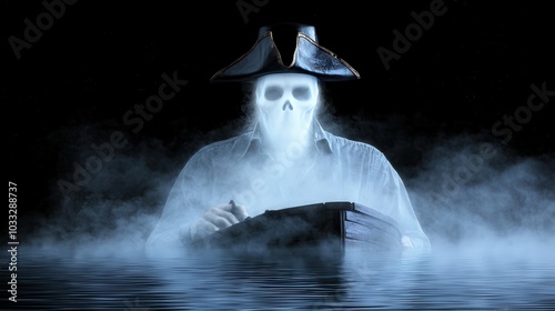 Ghostly Pirate Captain in Foggy Sea   Halloween  Spooky  Mystery  Fantasy photo