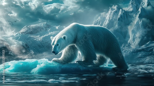 Polar bear stands on ice floe in snowy mountains.