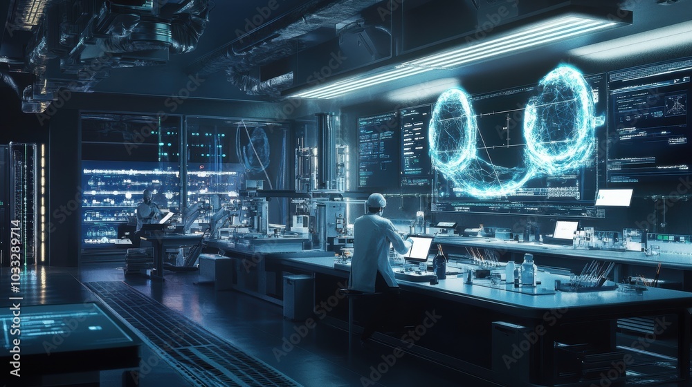 Lab worker analyzes data, futuristic tech. Lab worker analyzes data, futuristic tech.
