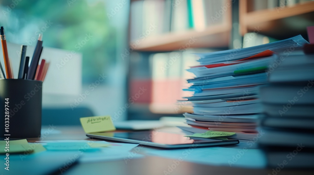Organized Workspace with Stack of Papers and Office Supplies Organized Workspace with Stack of Papers and Office Supplies