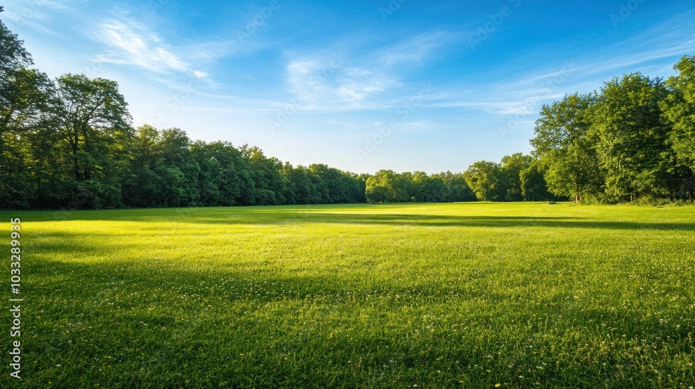 Obraz premium A wide grassy field with a forest in the background under a blue sky with white clouds.