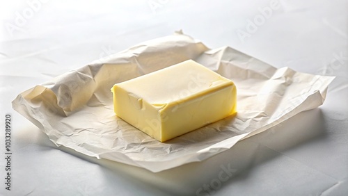 Piece of butter on package paper isolated on white background