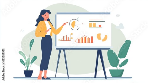 A woman is giving a presentation at a business seminar, using a pointer to highlight key points on a whiteboard.