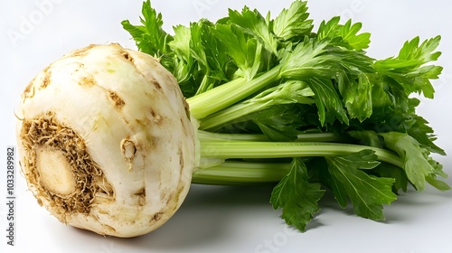 celery root with leaf isolated on white background. Celery isolated on white. 