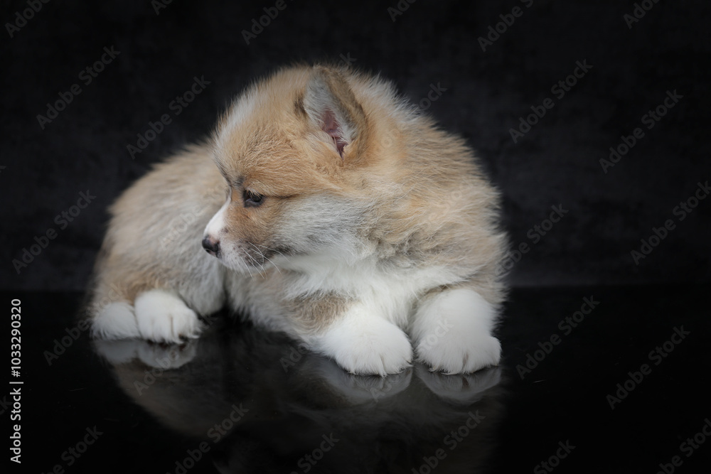 Obraz premium Cute small pembroke welsh corgi puppy on black background