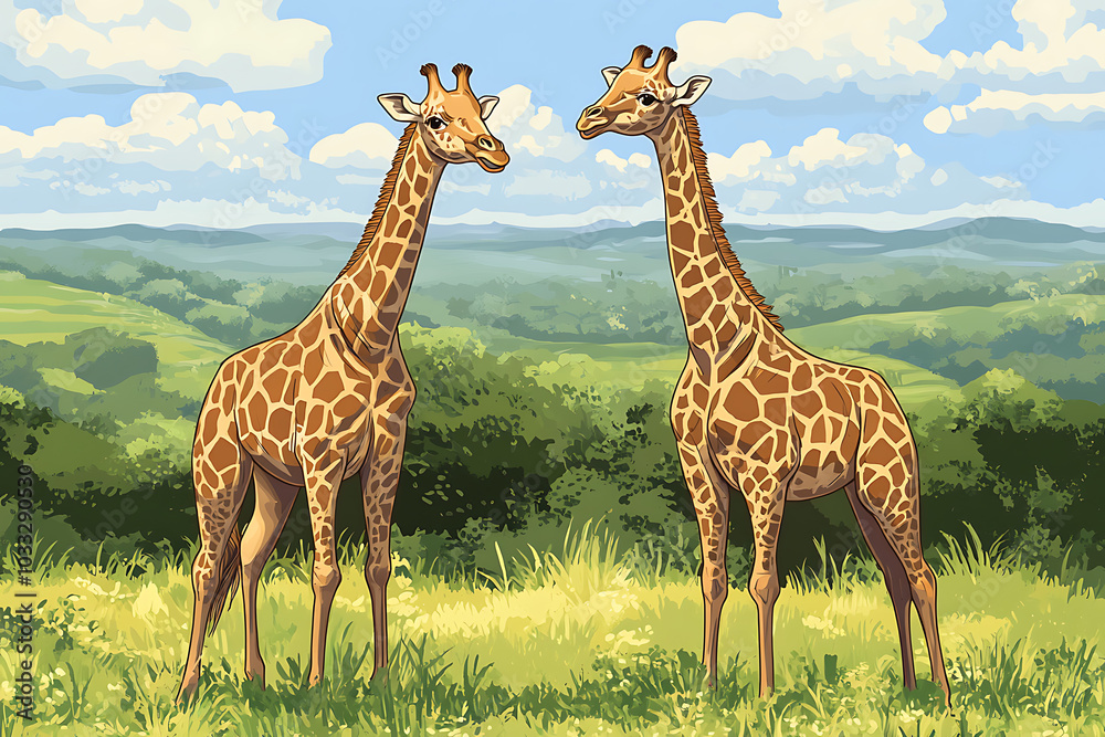 Obraz premium Two giraffes standing in a lush green landscape under a blue sky with fluffy clouds.